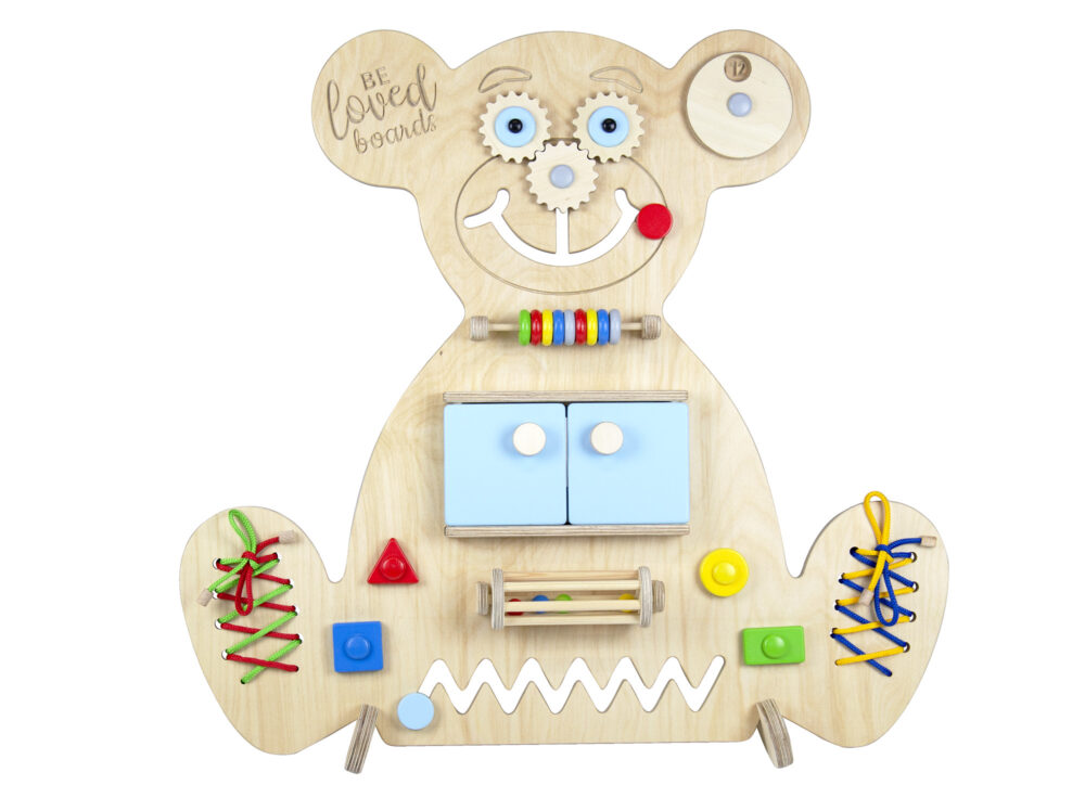 1. Educational wooden busy board Bear Beloved boards blue front view