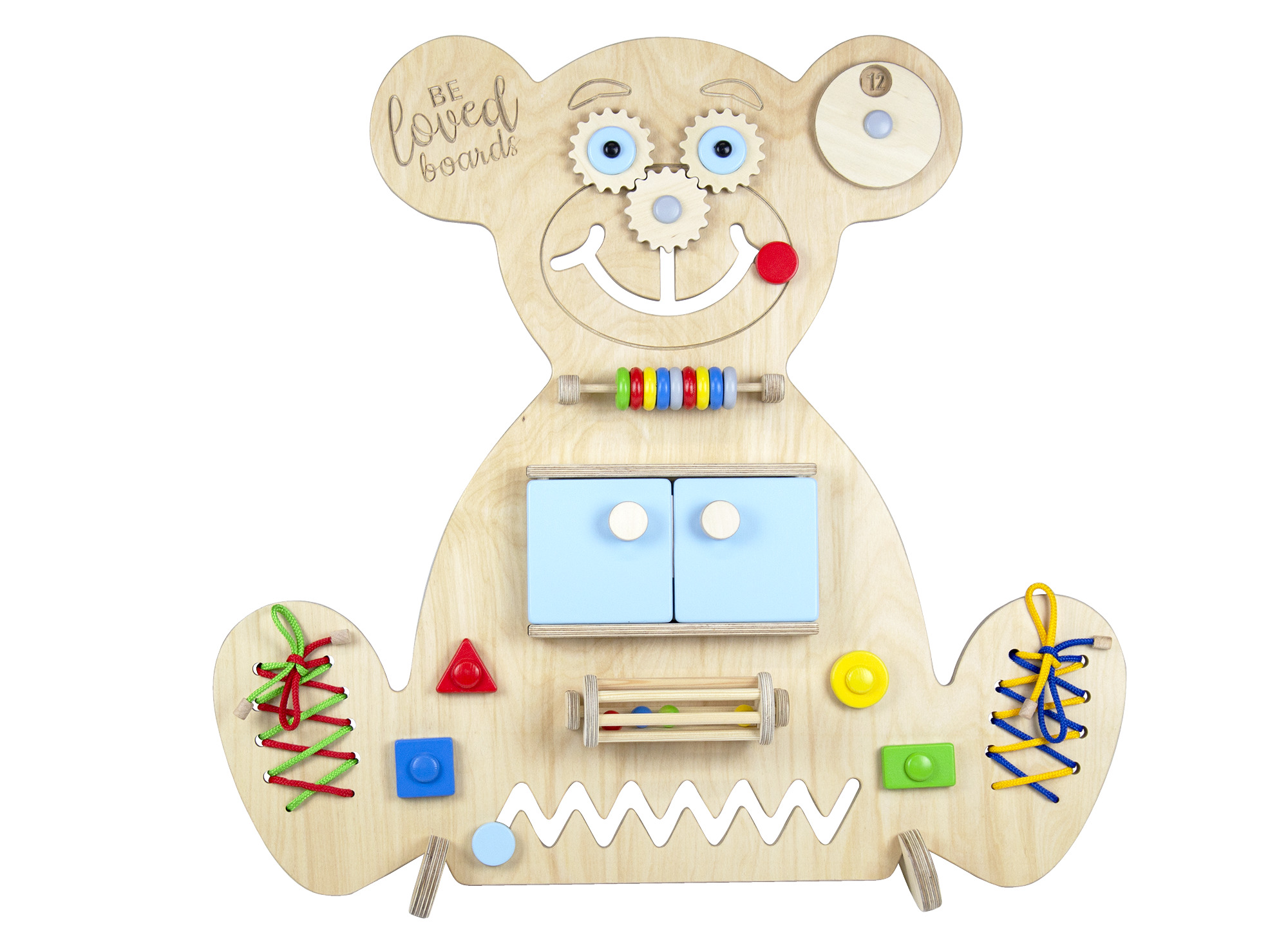 1. Educational wooden busy board Bear Beloved boards blue front view